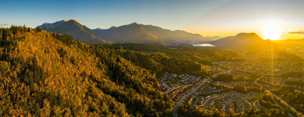 Aerial view of the mountains and city