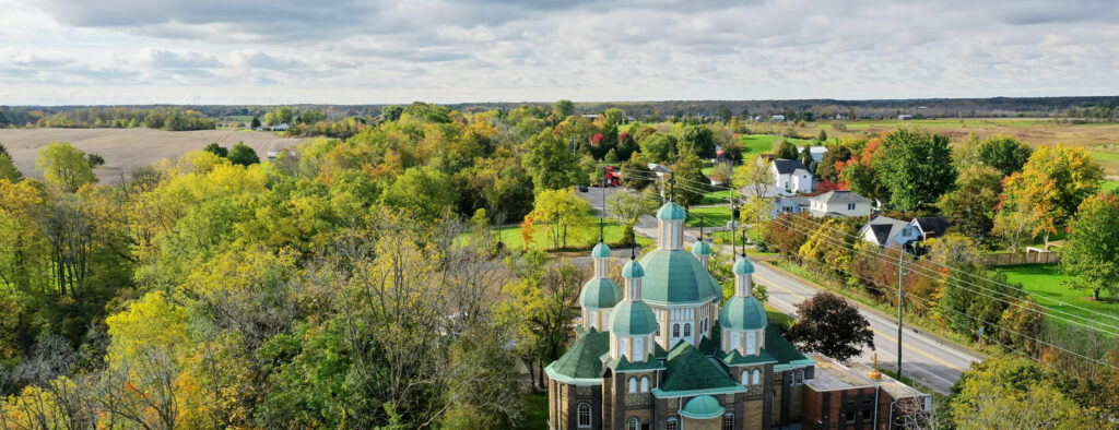 Aerial view of rural town with large church