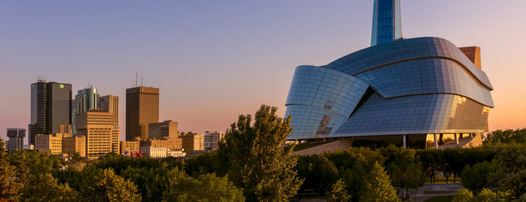 Cityscape of Winnipeg with the Canadian Museum for Human Rights in the foreground